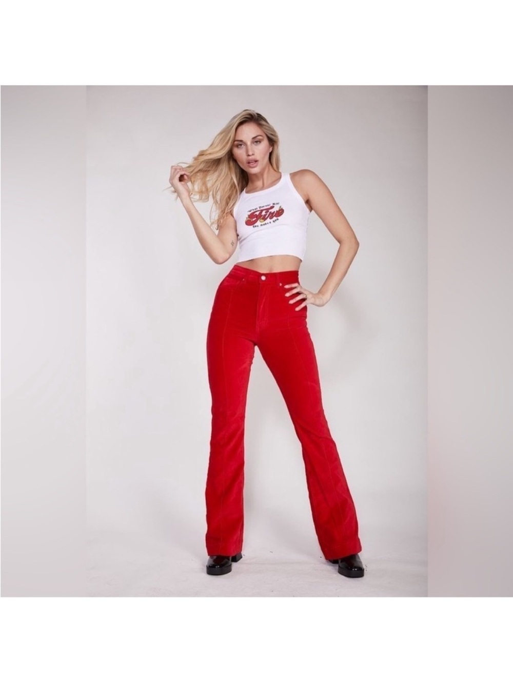REVICE Red Velvet Flared High-Rise Pants